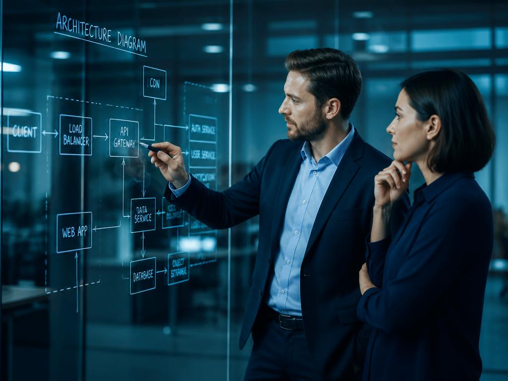 Consultants reviewing a solution architecture diagram