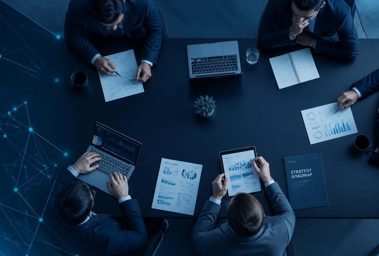 Consulting team reviewing a delivery roadmap together
